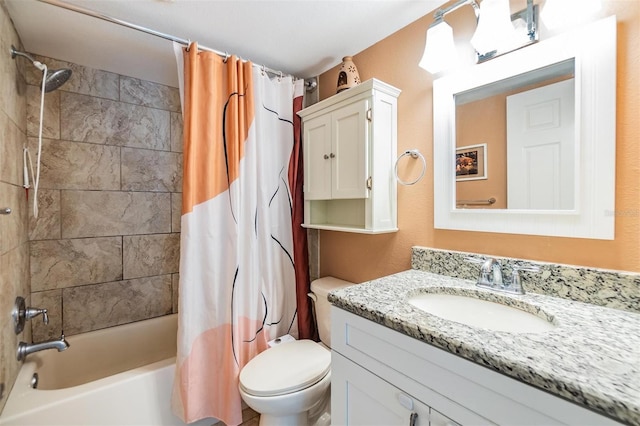 full bathroom featuring shower / bathtub combination with curtain, vanity, and toilet