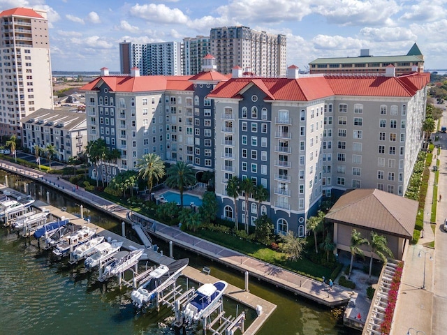 drone / aerial view with a water view and a city view