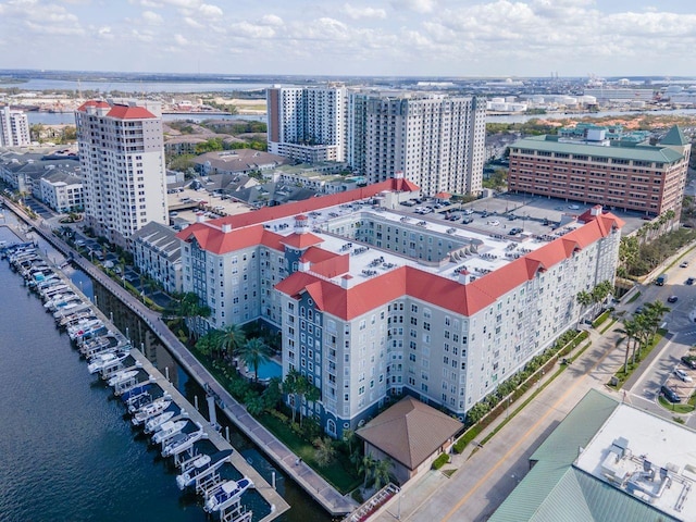 aerial view featuring a water view and a view of city