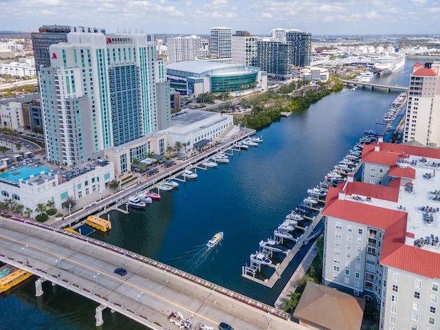 aerial view with a water view and a view of city