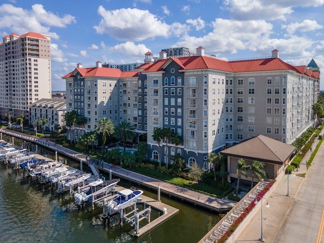 view of building exterior with a water view