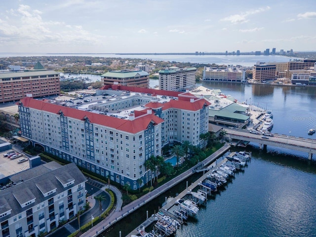 aerial view with a water view and a city view