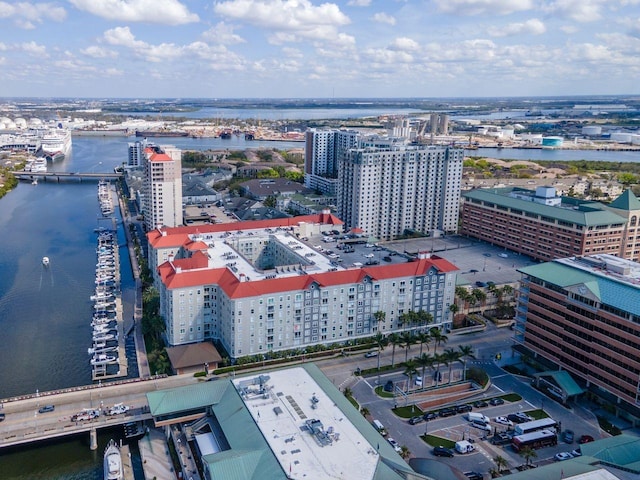 drone / aerial view with a water view and a city view