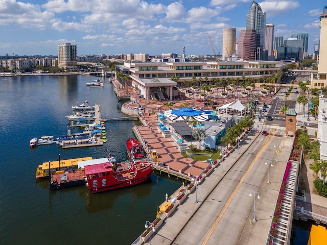 drone / aerial view featuring a view of city and a water view