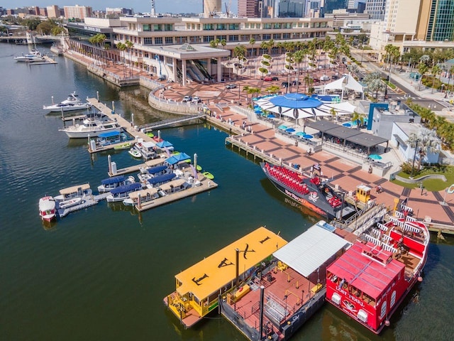 drone / aerial view featuring a water view and a city view