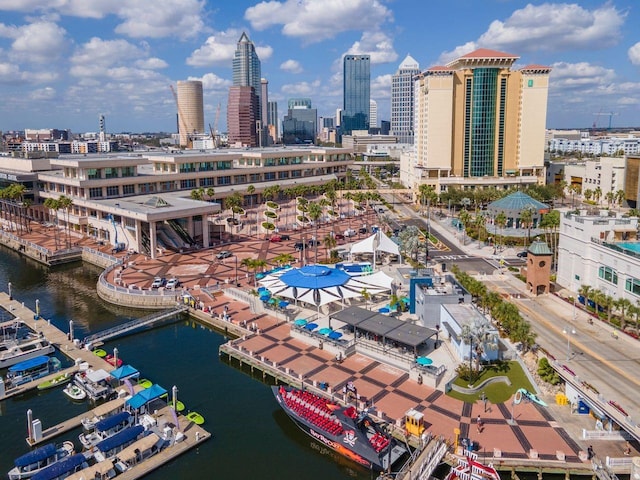 birds eye view of property featuring a water view and a city view