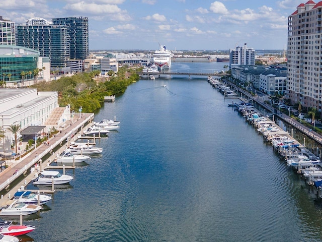 birds eye view of property featuring a view of city and a water view