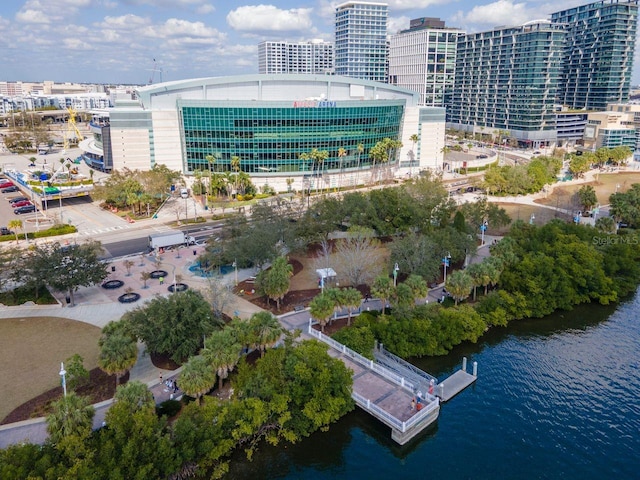 bird's eye view featuring a view of city and a water view