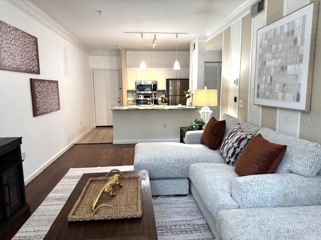 living room with crown molding, dark wood-type flooring, and rail lighting