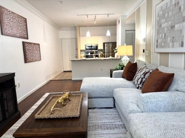 living room with crown molding, track lighting, and dark hardwood / wood-style flooring