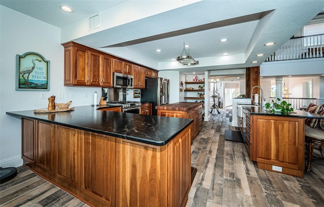 kitchen featuring appliances with stainless steel finishes, dark countertops, a peninsula, and a tray ceiling