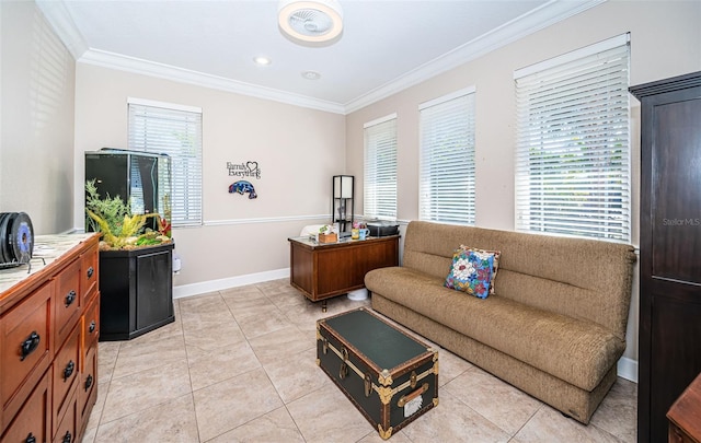 living room featuring ornamental molding, light tile patterned flooring, and baseboards