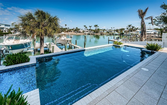 view of pool featuring a dock, a water view, and boat lift