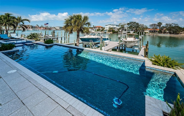 view of pool featuring a water view, boat lift, and a dock