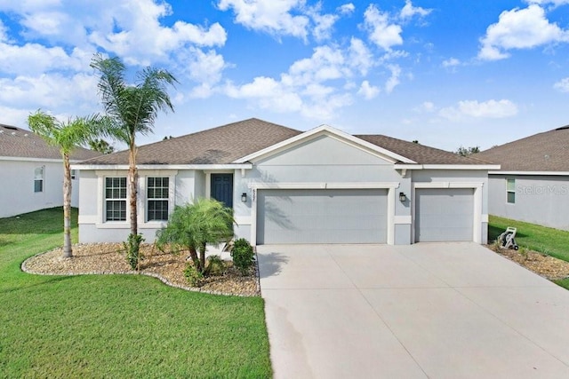 ranch-style house featuring a garage and a front yard