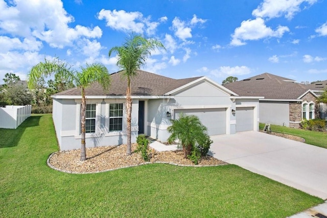 single story home with a garage and a front lawn