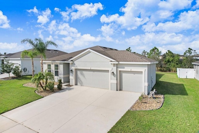 ranch-style house featuring a garage and a front yard