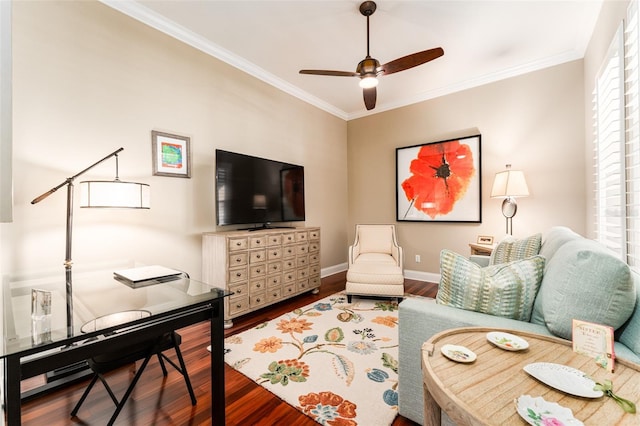 living room featuring ceiling fan, wood-type flooring, and ornamental molding