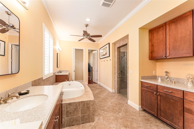 bathroom with ceiling fan, vanity, and crown molding