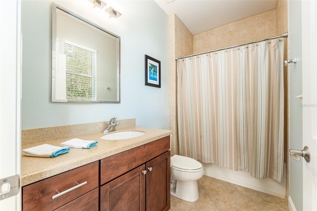 full bathroom with shower / bath combo with shower curtain, vanity, toilet, and tile patterned flooring