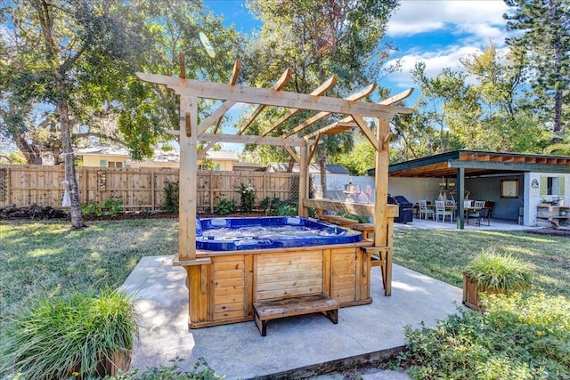 view of patio featuring a hot tub