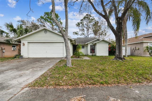 ranch-style house with a garage and a front lawn