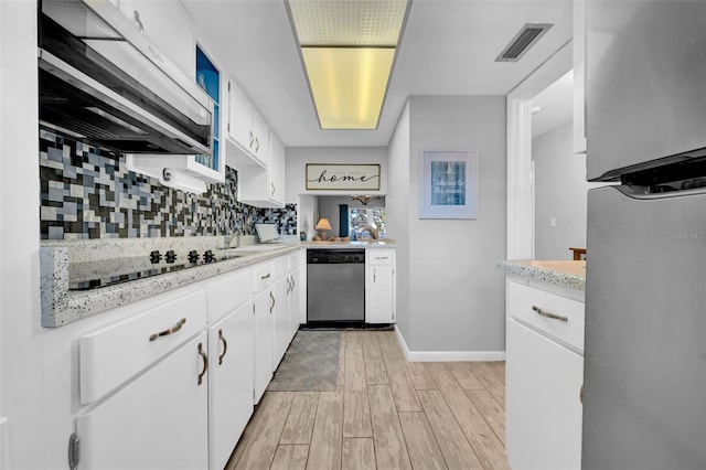 kitchen with white cabinetry, ventilation hood, dishwasher, black electric stovetop, and decorative backsplash