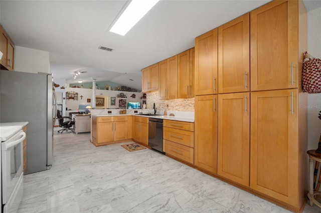 kitchen with sink, black dishwasher, white electric range oven, vaulted ceiling, and kitchen peninsula