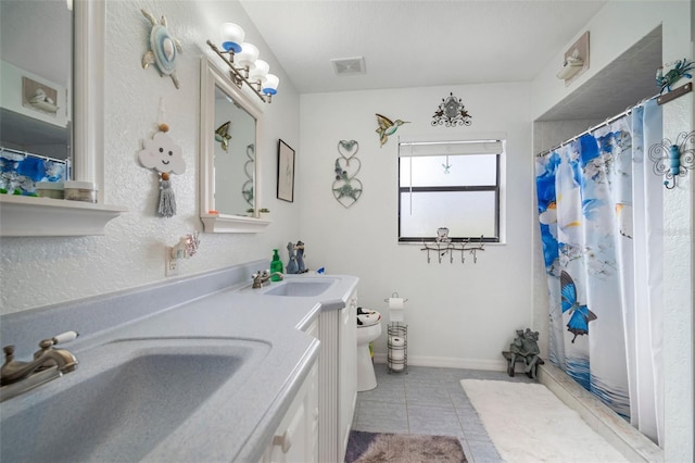 bathroom with tile patterned flooring, vanity, toilet, and a shower with shower curtain