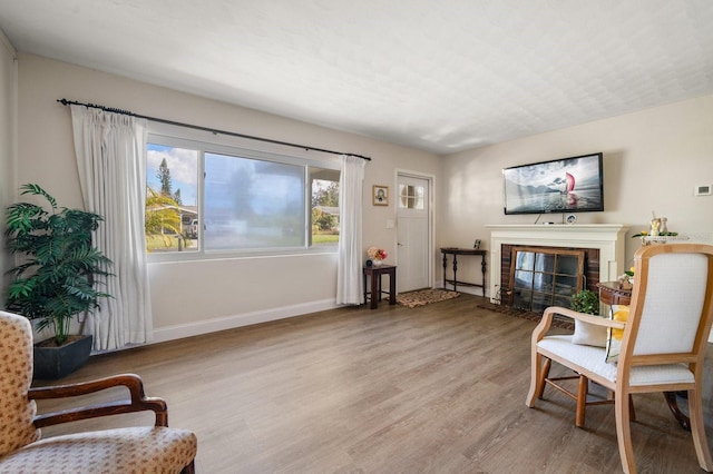 living area featuring a fireplace and light hardwood / wood-style flooring