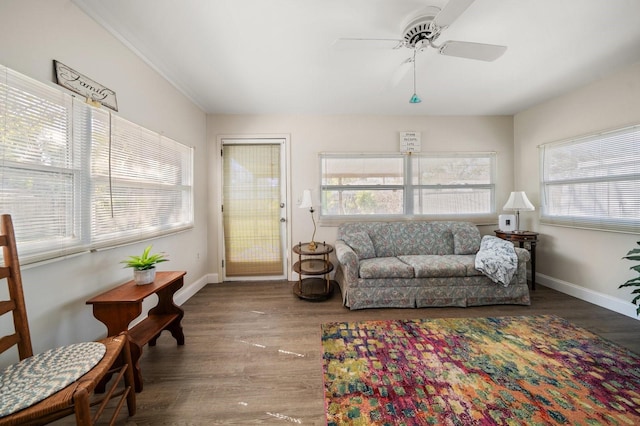 interior space featuring wood-type flooring and ceiling fan