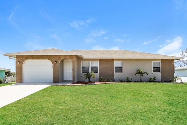 ranch-style home featuring a garage and a front yard