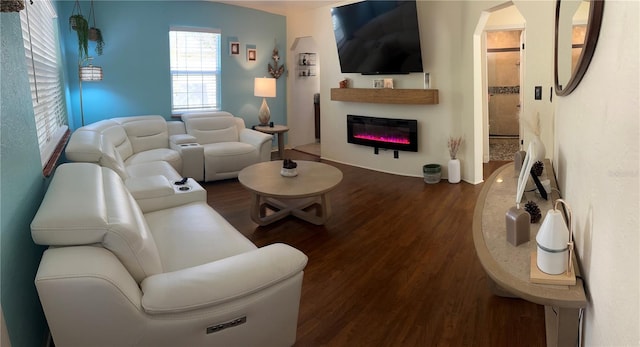 living room with dark wood-type flooring