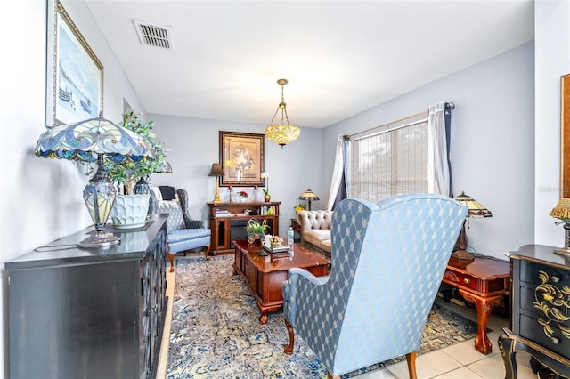 living area featuring light tile patterned flooring