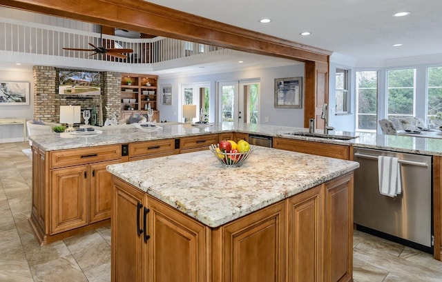 kitchen featuring dishwasher, sink, ornamental molding, and kitchen peninsula