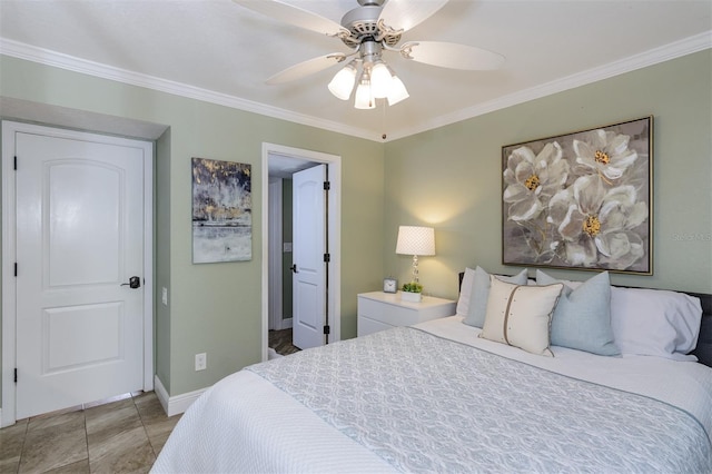 bedroom featuring ornamental molding and ceiling fan