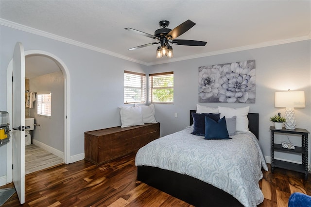 bedroom featuring dark hardwood / wood-style flooring, crown molding, multiple windows, and ceiling fan