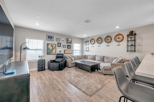 living room with light hardwood / wood-style flooring