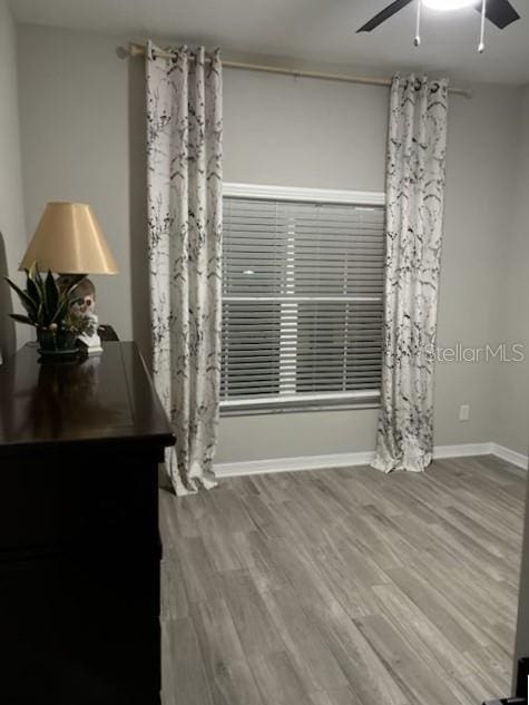 interior space with hardwood / wood-style floors and ceiling fan