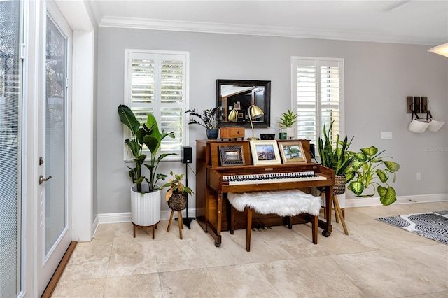 living area with ornamental molding