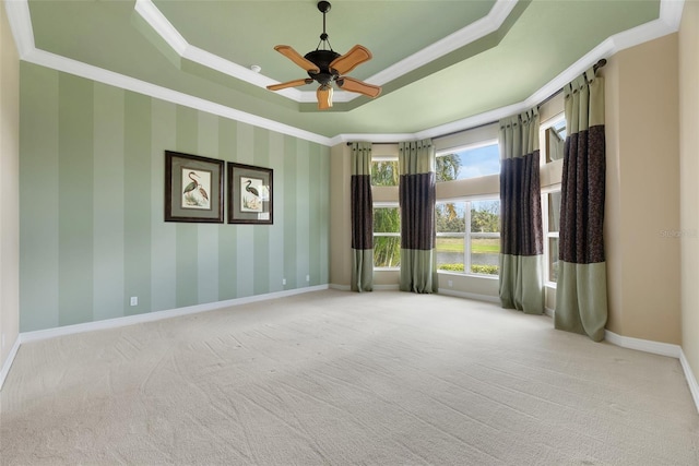 carpeted spare room with crown molding, ceiling fan, and a tray ceiling