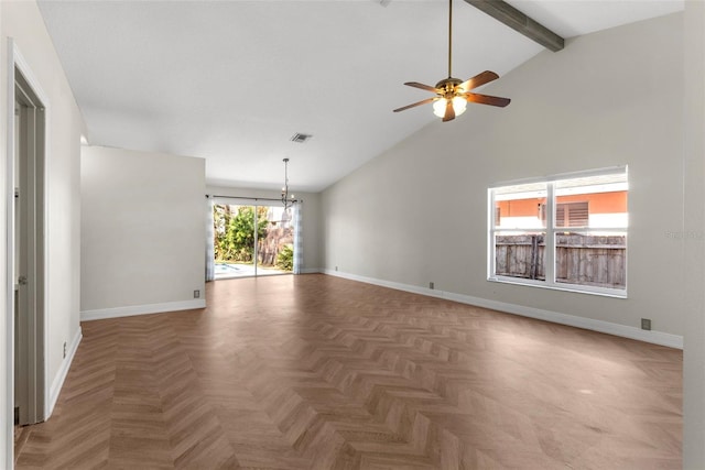 unfurnished room featuring beam ceiling, parquet flooring, high vaulted ceiling, and ceiling fan with notable chandelier