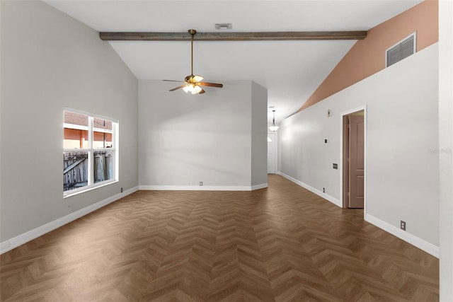 unfurnished room with ceiling fan, high vaulted ceiling, dark parquet floors, and beam ceiling