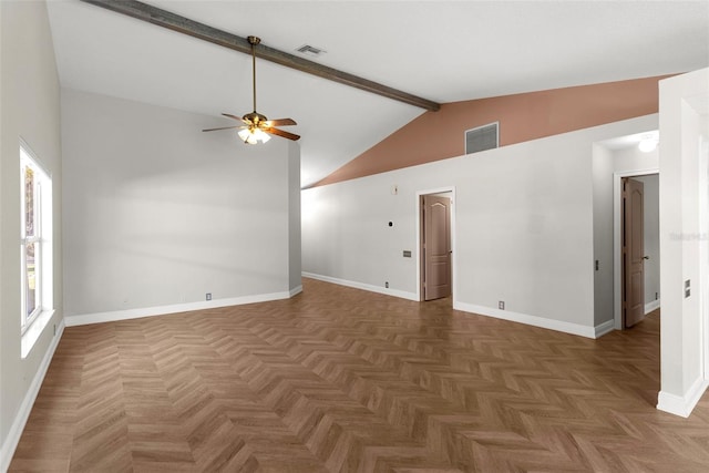 empty room with ceiling fan, dark parquet flooring, beam ceiling, and high vaulted ceiling