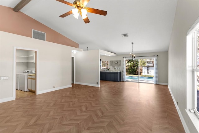 unfurnished room with parquet floors, ceiling fan with notable chandelier, high vaulted ceiling, and beamed ceiling