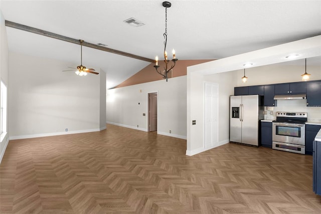 kitchen with ceiling fan with notable chandelier, parquet flooring, stainless steel appliances, and blue cabinetry