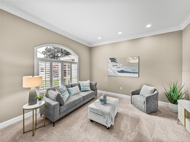 carpeted living room featuring crown molding