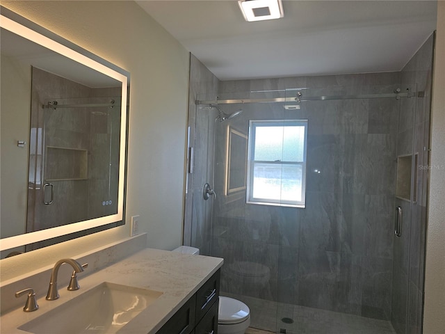 bathroom with vanity, toilet, and a shower stall