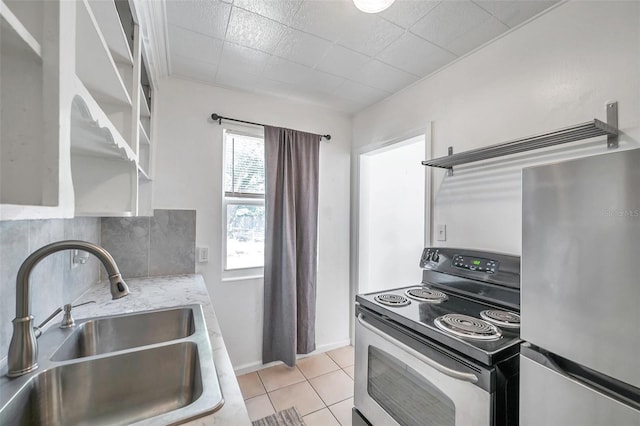 kitchen with sink, light tile patterned floors, stainless steel appliances, tasteful backsplash, and ventilation hood