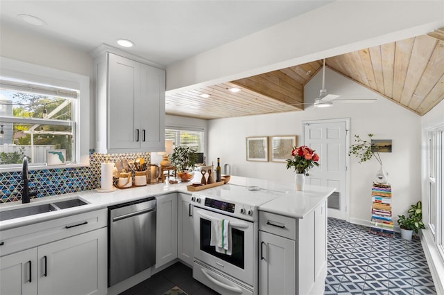 kitchen with sink, dishwasher, backsplash, white electric stove, and kitchen peninsula